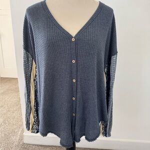 Blu Pepper Blue Ribbed Knit Cardigan with V-Neck with Buttons